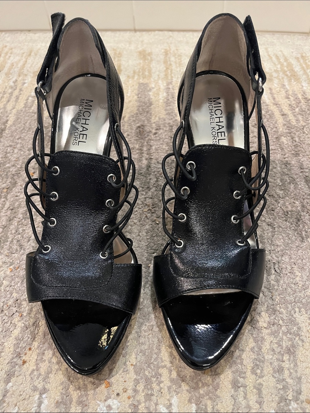 MICHAEL Michael Kors Black Lace-Up Patent Leather Peep-Toe Heels